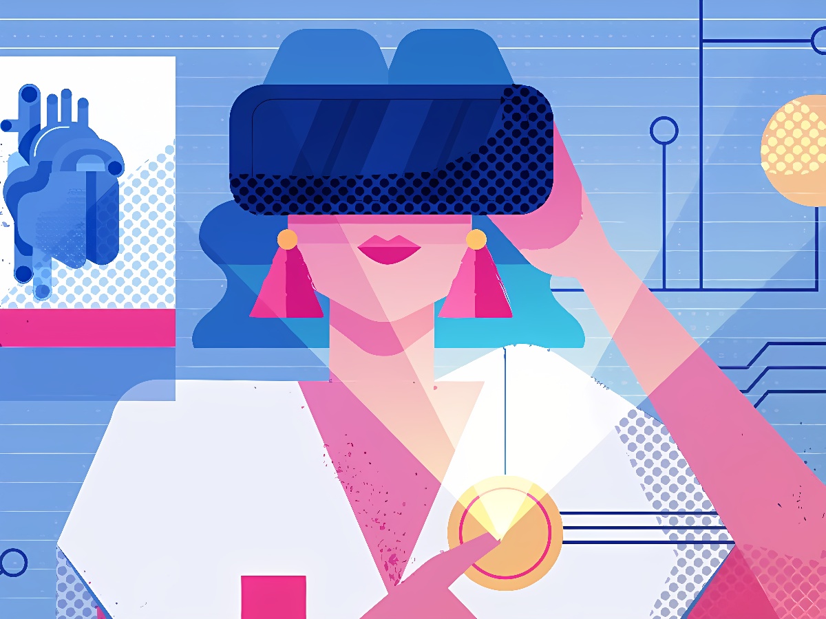 这是一张插画，展示了一位女性佩戴虚拟现实头盔，背景中含有科技元素，如电路板图案，整体风格现代且色彩丰富。