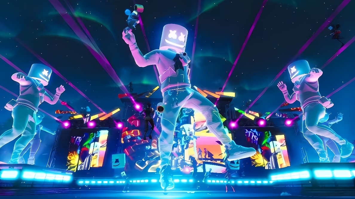 图片展示了几个穿着太空服样式服装的角色在五彩斑斓的灯光下跳舞，背景是一个充满未来感的舞台。