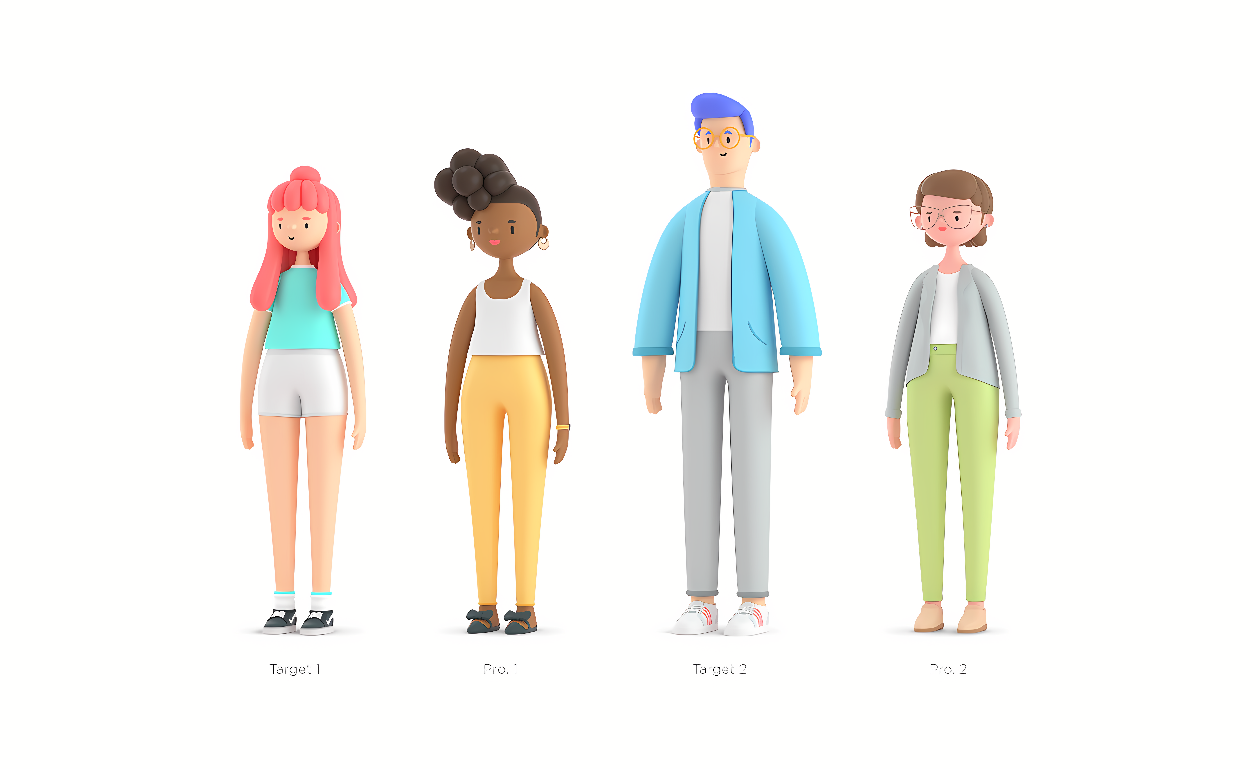 图片展示了四个站立的卡通人物，他们穿着不同风格的休闲服装，具有不同的肤色和发型，看起来像是多样性的表现。