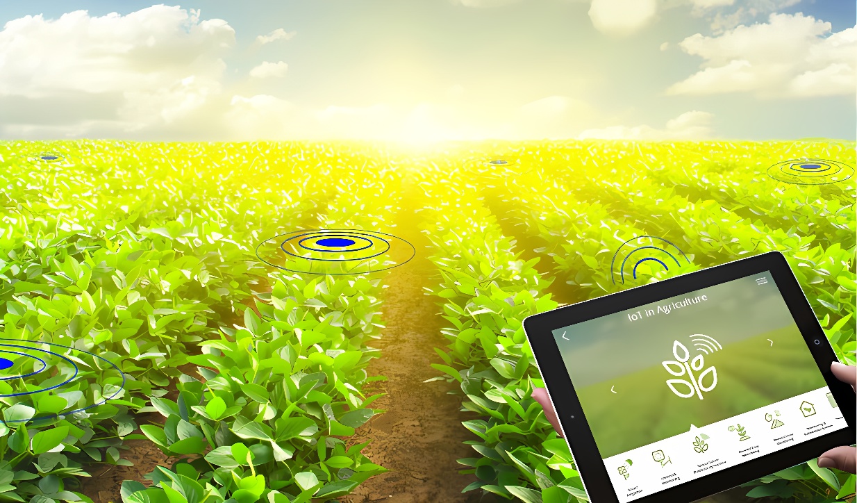 图片展示了一片农田，上方是晴朗的天空和灿烂的阳光，前景有一块平板电脑显示着农业物联网的信息。
