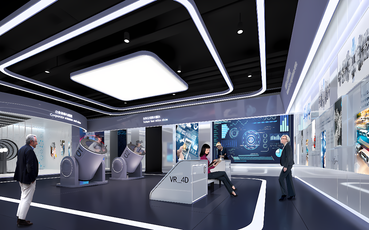 这是一张展示现代科技展览空间的图片，内有多个展示台和参观者，环境设计现代化，以白色和蓝色调为主。