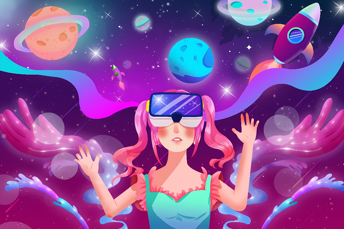 这是一张插画，展示了一位戴着虚拟现实眼镜的女性，似乎在体验太空环境，四周有火箭和多彩星球。