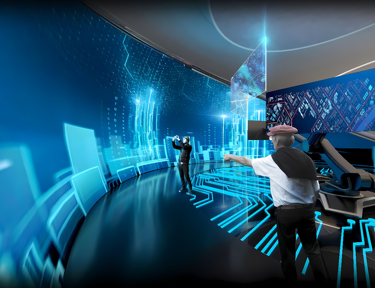 图片展示两人身处高科技虚拟现实室内，周围充满未来感数字图案和屏幕，他们正佩戴VR头盔体验虚拟世界。