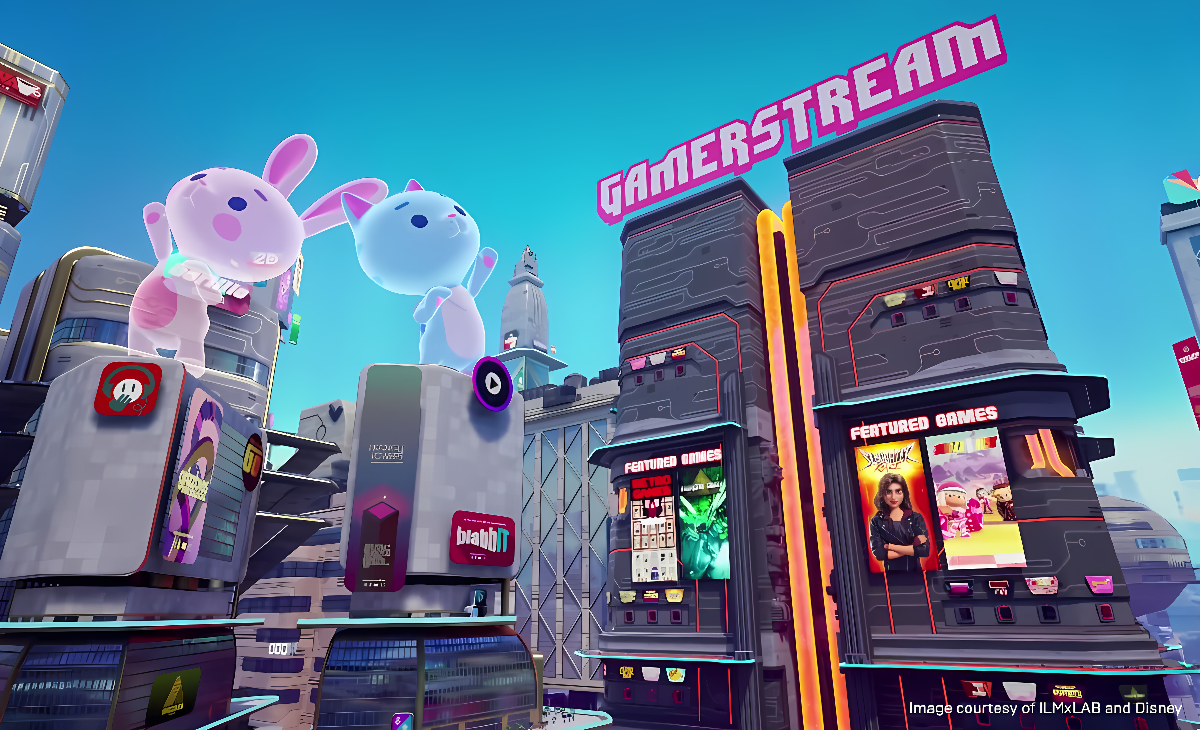图片展示了一个充满未来感的虚拟都市景观，有巨型卡通兔子形象和闪烁的电子广告牌，显现出电子游戏文化氛围。