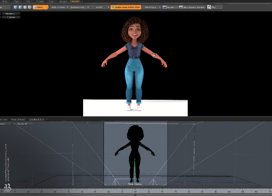 这是一张三维建模软件界面截图，展示了一个卡通风格的女性角色模型和其在下方的剖面阴影。