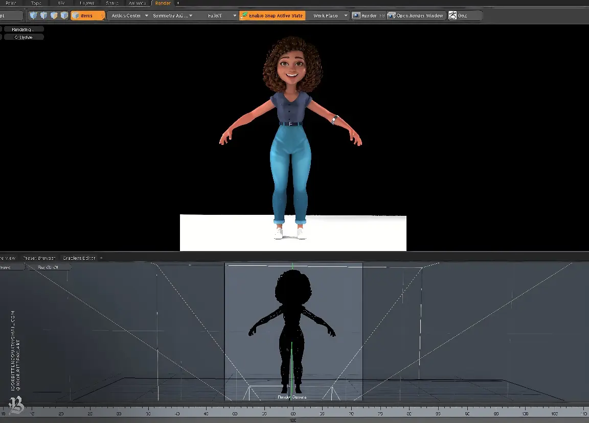图片展示了一个三维建模软件界面，里面有一个卡通风格的女性角色模型，正面和侧面轮廓在屏幕下方显示。