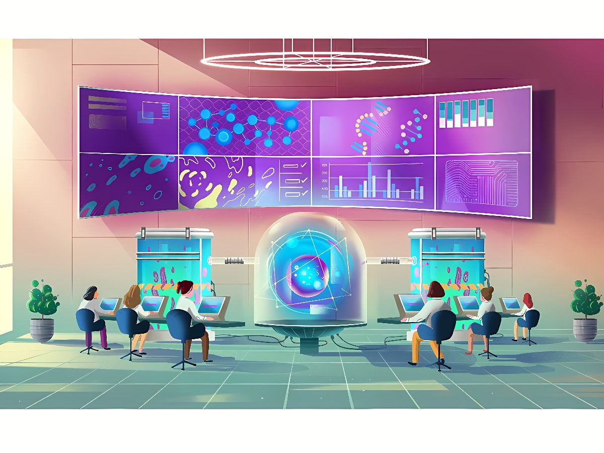 图片展示了一群人在高科技控制室内工作，墙上有多个显示屏展示数据和图表，中央有一个发光的球体结构。