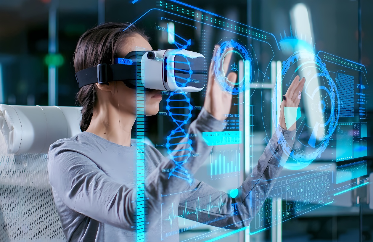 一名女性正戴着虚拟现实头盔，使用先进的手套和触控界面进行交互，身处高科技环境中，仿佛在操作虚拟数据。