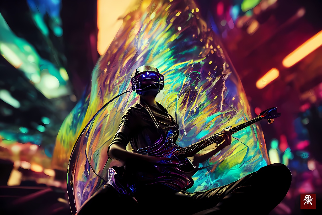 图片展示一位戴着头盔，弹奏电吉他的人，背景是五彩斑斓的光影，整体给人一种未来感和科幻氛围。