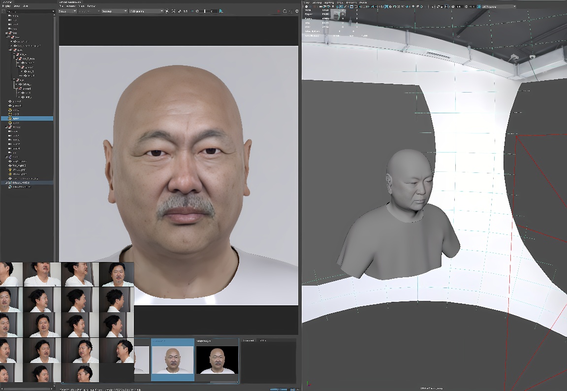 图片展示了三维建模软件界面，里面有一个男性角色的头部模型，旁边有多个视角的缩略图，显示了建模和纹理贴图的过程。