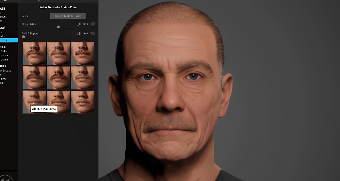 图片展示了一个男性的三维建模头像，正面视角，背景为软件界面，包含不同胡须样式的选择选项。