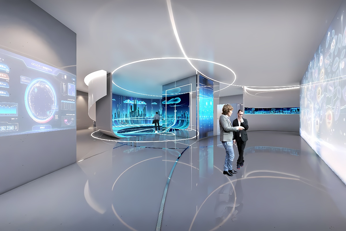 图片展示了两人站在一个现代化、科技感十足的室内环境中，四周墙面上显示着各种虚拟屏幕和数据图表。