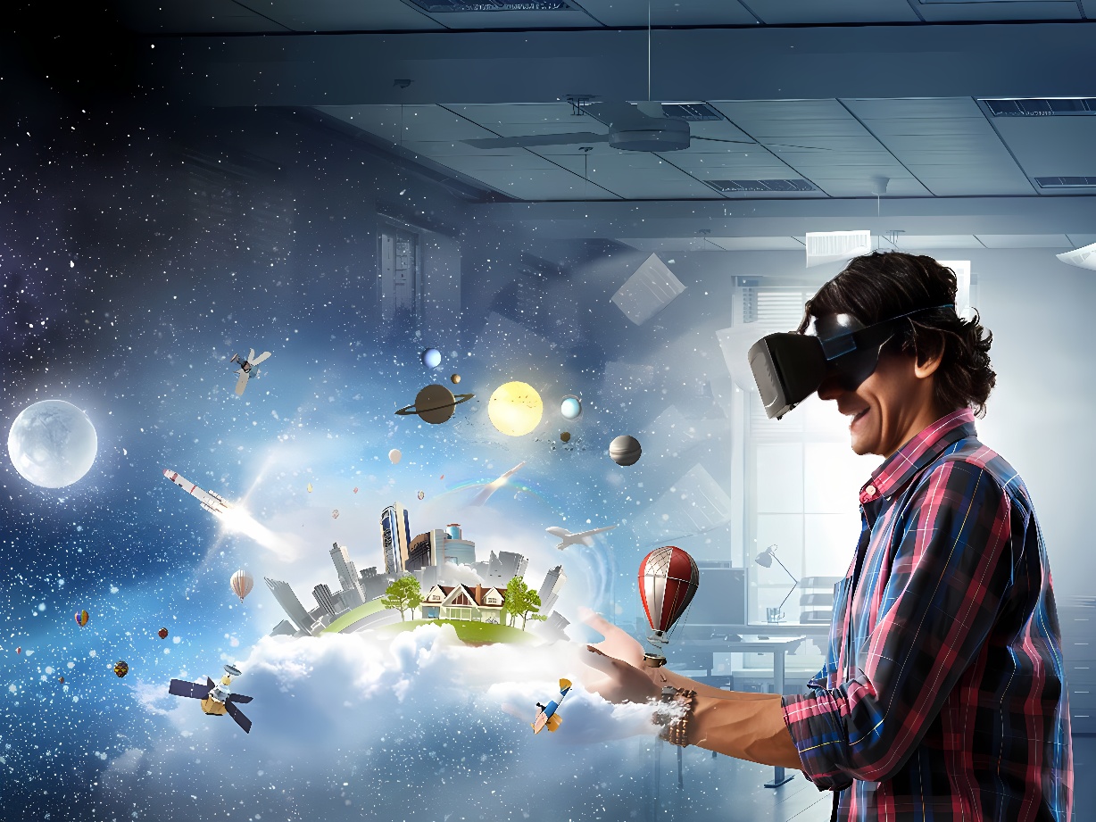 图片展示一位男士戴着虚拟现实头盔，体验着宇宙、星球和飞船等虚拟图像构成的沉浸式空间。