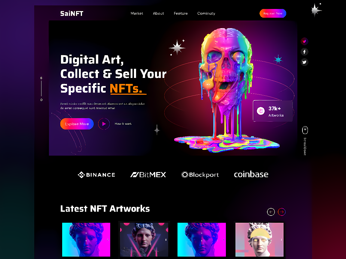 这是一个NFT艺术品交易平台的网页截图，页面中央展示了一个多彩的骷髅头数字艺术作品，下方有最新NFT作品的缩略图。