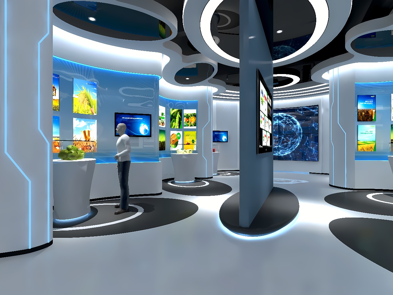 这是一张现代科技展览馆内部的图片，展示有多个互动屏幕和展示柜，设计现代，色调以白蓝为主，有人在观看展示内容。