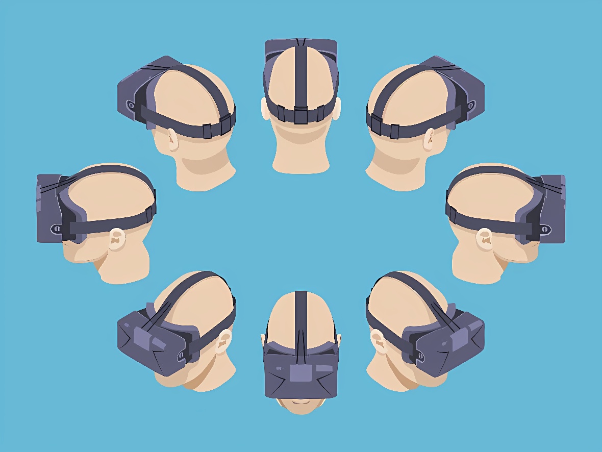 图片展示了六个不同角度的虚拟现实头盔佩戴示意图，头盔外观现代，颜色主要是黑色，背景为统一的浅蓝色。