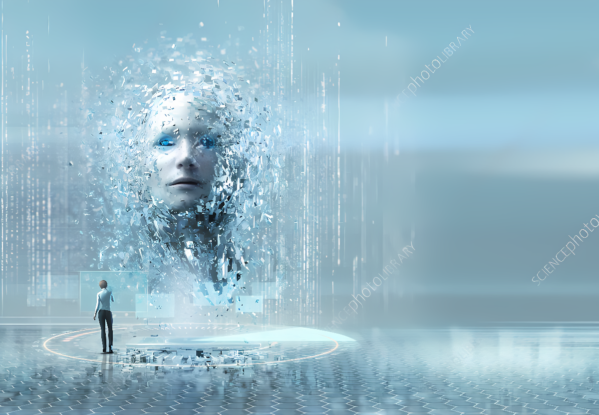 一位男士站在光圈内，注视着前方巨大的，由数字化碎片组成的透明人脸，周围是充满科技感的蓝色背景。
