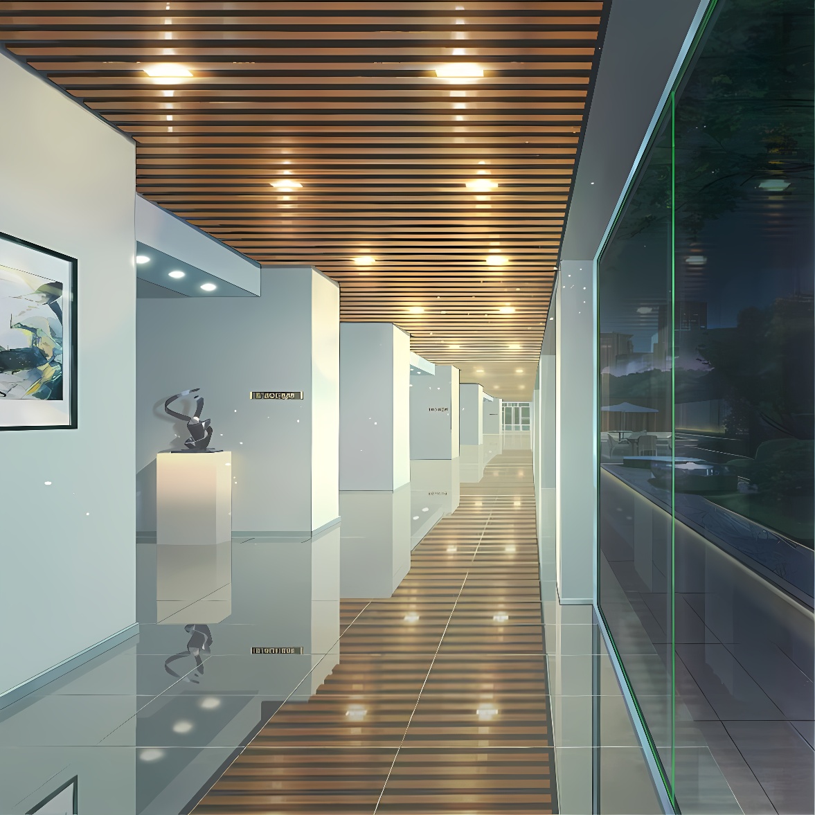 这是一条现代风格的室内长廊，墙上挂着艺术画作，地面铺设有瓷砖，顶部木质条板天花板上镶嵌着灯光。