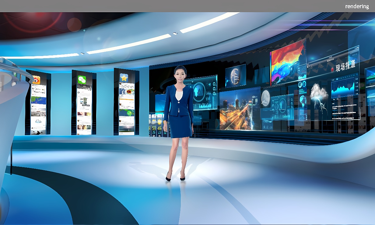 图片展示一位穿着正装的女士站在高科技控制室内，周围是多个未来风格的虚拟显示屏幕，显示着各种图表和数据。