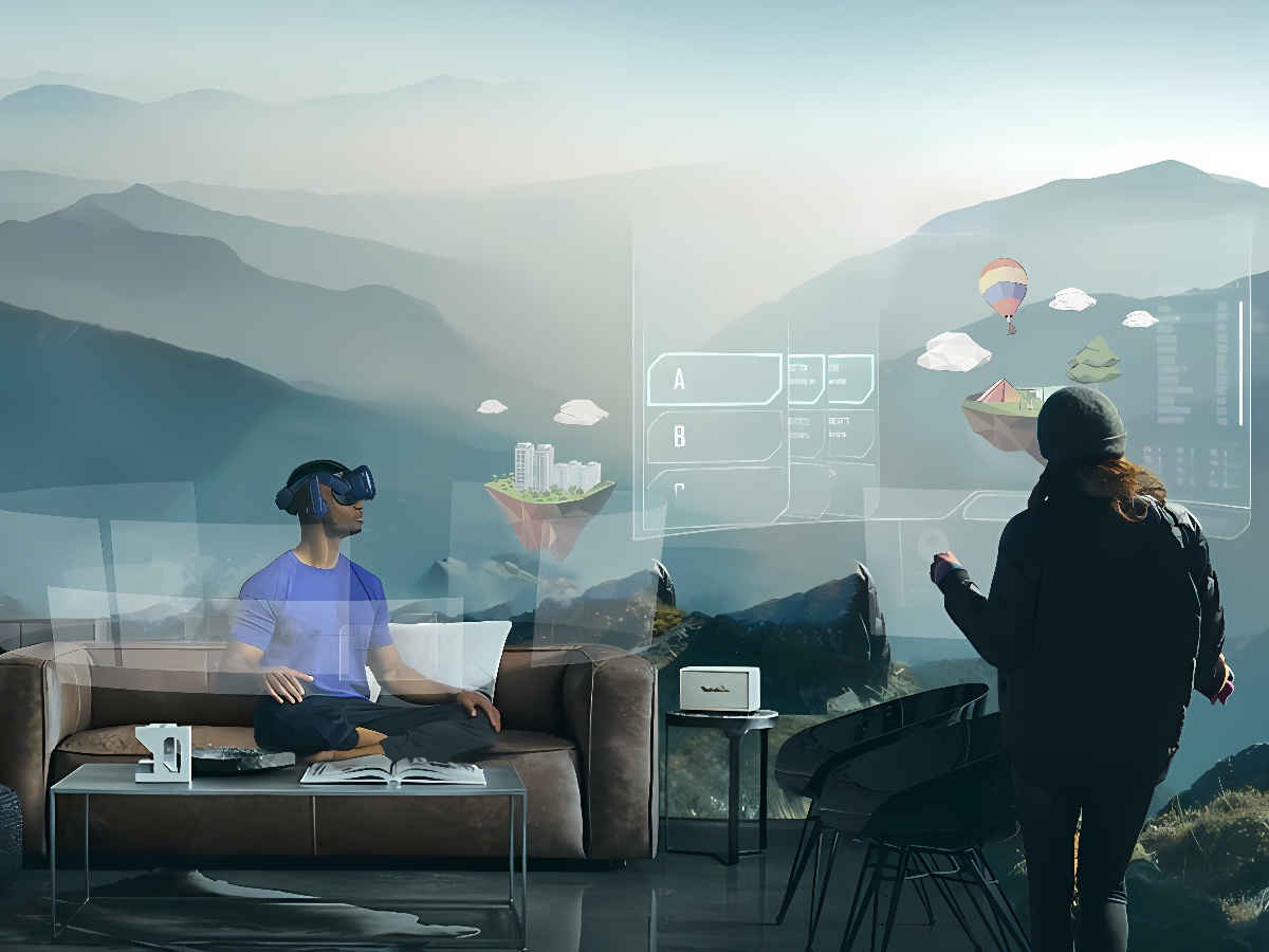 图片展示两人，一人戴着虚拟现实头盔坐在沙发上，另一人站在阳台上看着山景，周围有浮现的数字化界面。