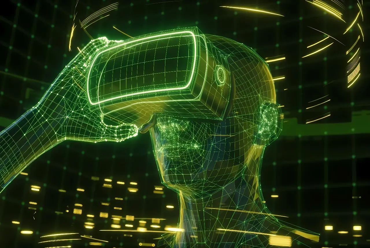 这是一张虚拟现实头盔的数字图像，展现了头盔与用户头部的3D线框模型，背景是绿色的数字化图案。