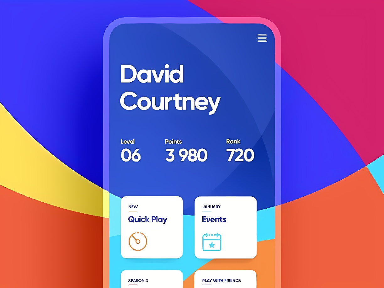 这是一个游戏或应用界面截图，显示用户David Courtney的等级、积分和排名信息，以及快速游戏和活动选项。