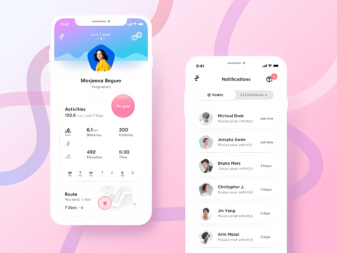 这是两款移动应用界面设计图，展示个人活动追踪和通知页面，设计简洁，色彩柔和，以粉色和白色为主。
