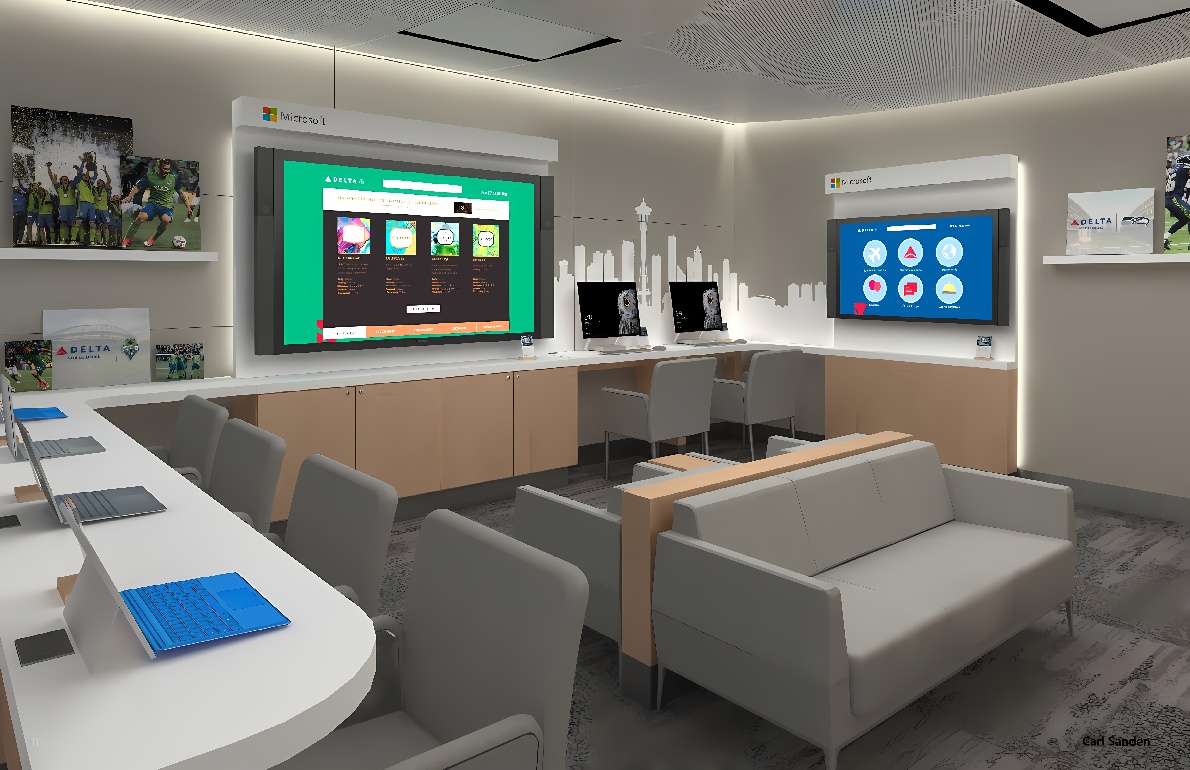 这是一间现代化办公室或会议室，配有桌椅、沙发和电脑，墙上挂有显示屏，整体布局简洁现代。