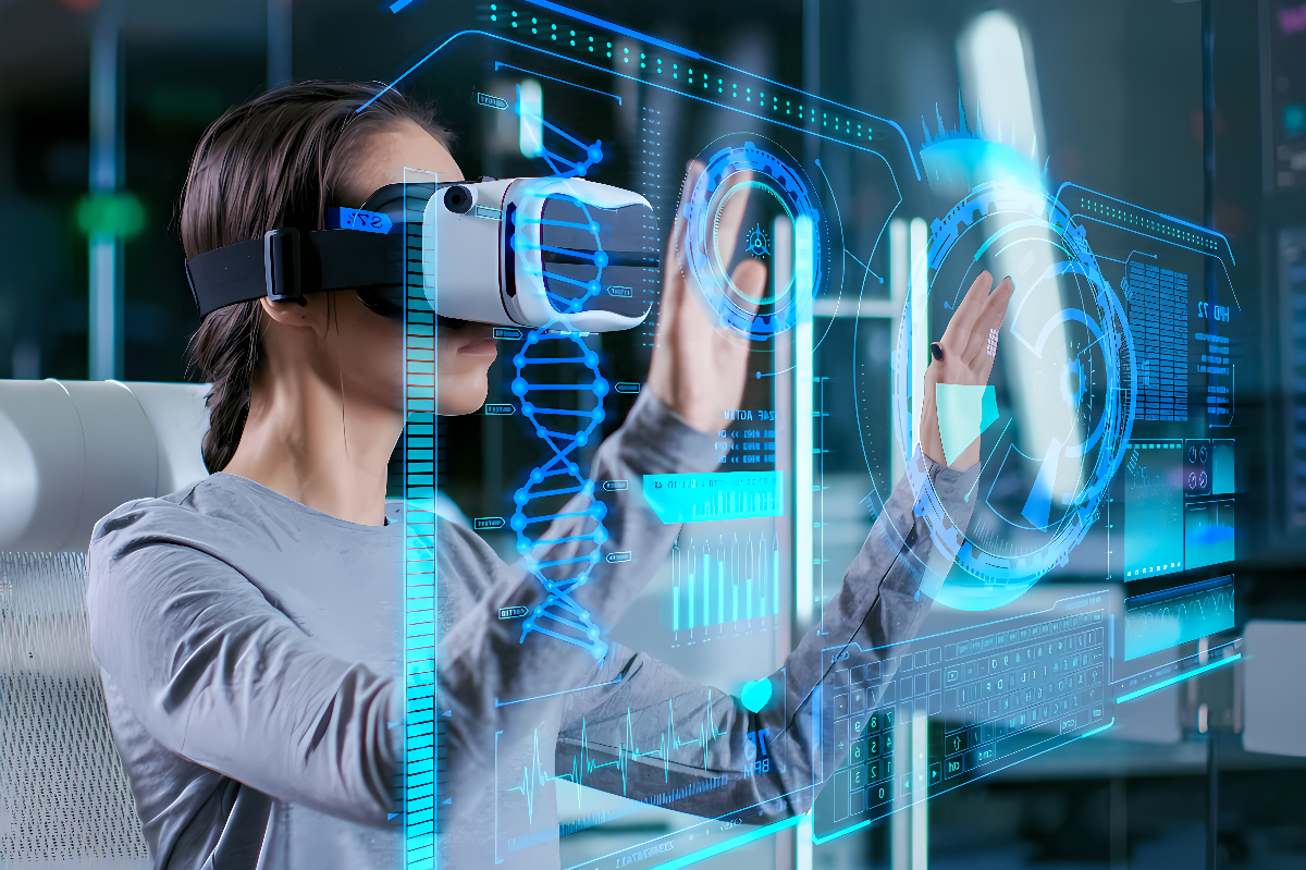 图片展示一位佩戴虚拟现实头盔的人正在用手势操作前方出现的高科技虚拟界面，周围环境看起来像是一个现代化的办公室。