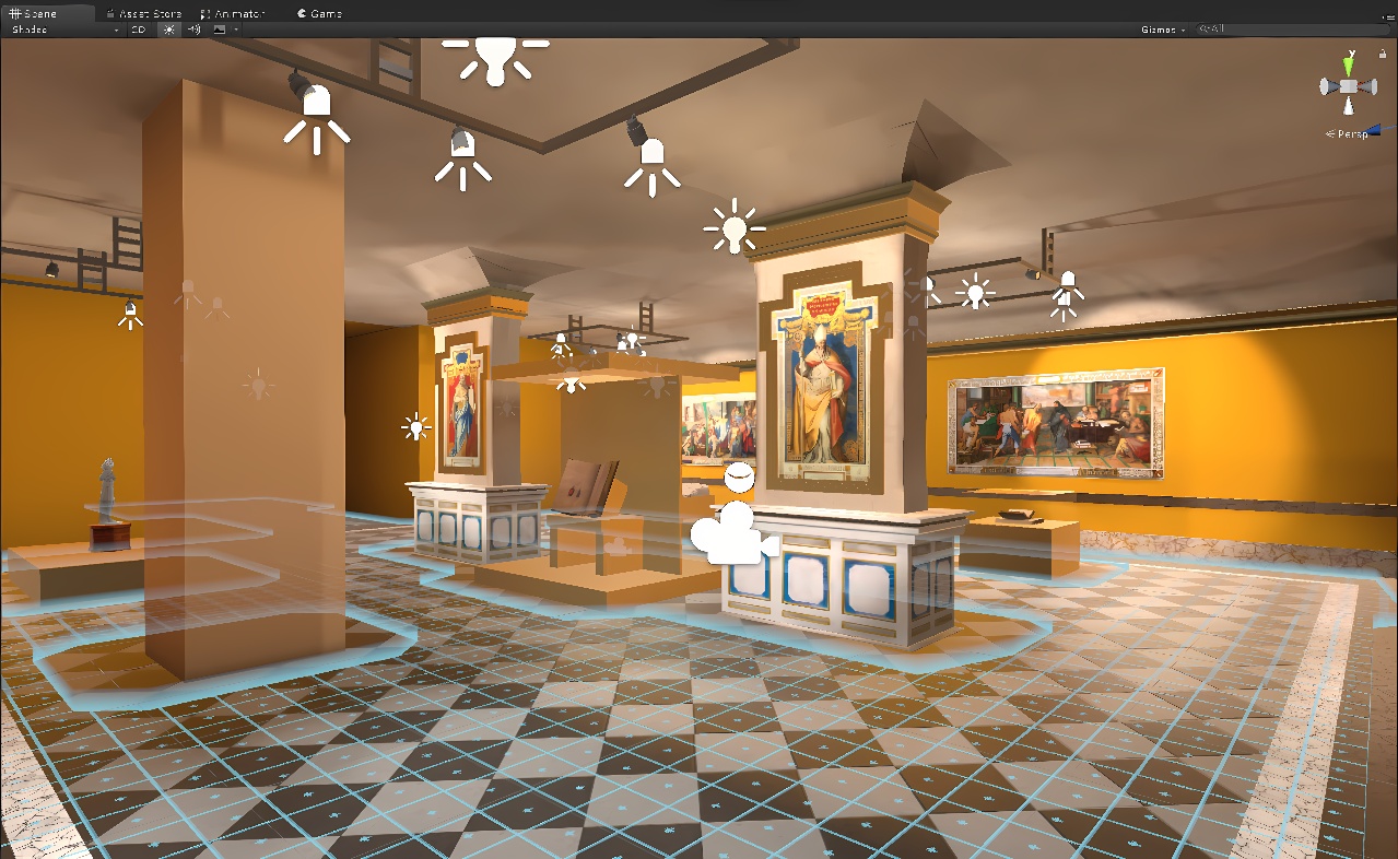 这是一张展示三维建模软件界面的截图，里面模拟了一个有画作装饰的画廊室内环境，色彩鲜明，细节丰富。