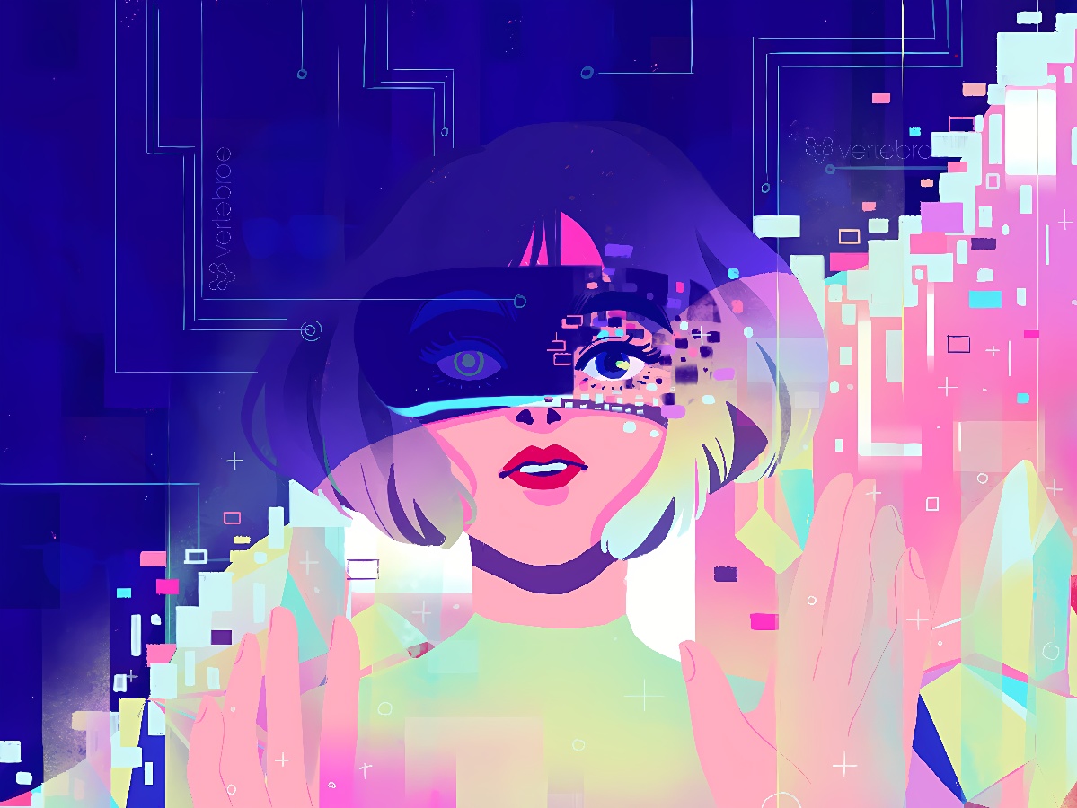 这是一张插画，展示了一位戴着虚拟现实眼镜的女性，背景是由鲜艳的蓝色调和数字元素构成的抽象图案。