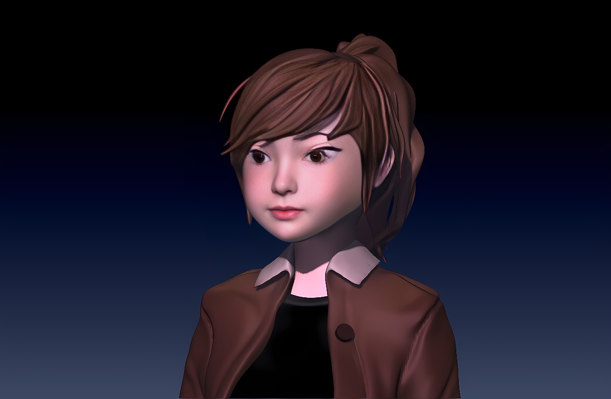 这是一张女性动画角色的图像，她有棕色头发，穿着棕色夹克，背景是深蓝色，整体风格现代而简洁。
