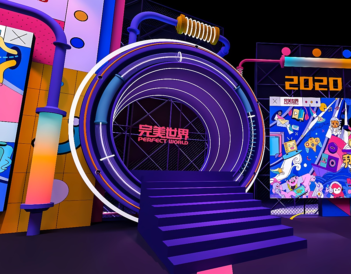 这是一张描绘虚拟现实游戏场景的图像，包含色彩鲜艳的元素，如门形装置和具有未来风格的装饰。
