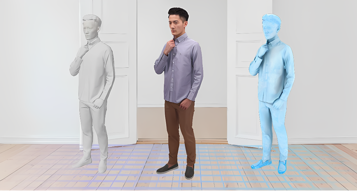 图片展示了三个男性形象，中间是真人，两边是他的灰色和蓝色3D模型，均呈思考状，站在带有木纹的地板上。