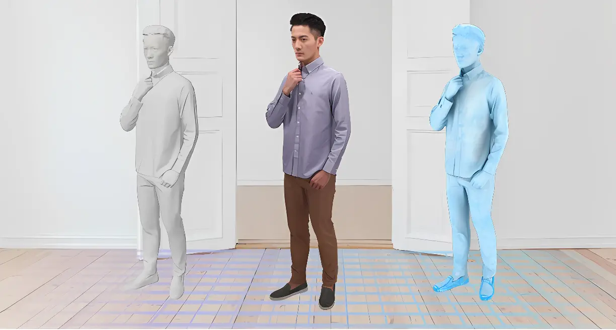 图片展示了三个男性形象，中间是真人，两边是他的灰色和蓝色3D模型，均呈思考状。