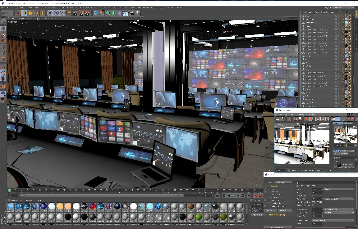 图片展示了一个三维建模软件界面，里面正编辑着一个复杂的室内控制室场景，包含多个显示屏和工作站。