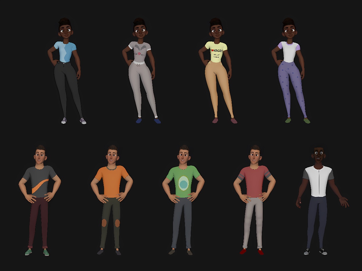 图片展示了八个不同肤色和服装的卡通风格人物，他们分别采取不同的站姿，表情各异，看起来像是游戏或动画中的角色设计。