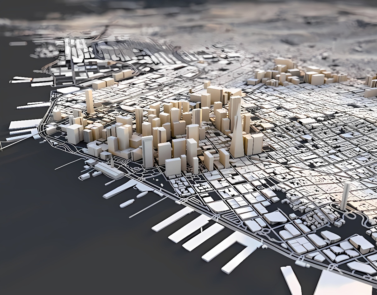 这是一张三维城市模型图，展示了街道布局和建筑物，具有较强的视觉层次感，色调以灰白为主，细节丰富。