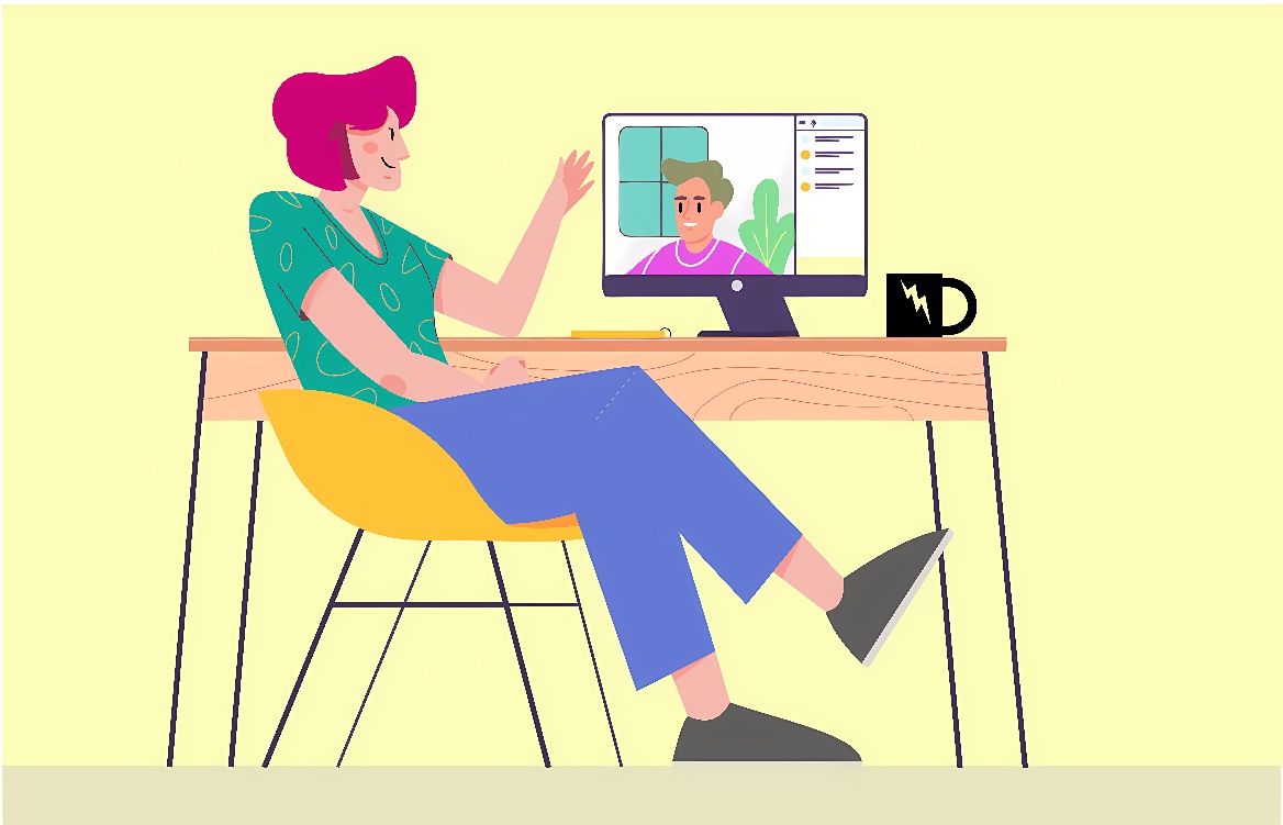 图片展示一位坐在办公桌前的女士，正在通过电脑与远程视频通话的男士挥手致意，旁边有一杯咖啡。