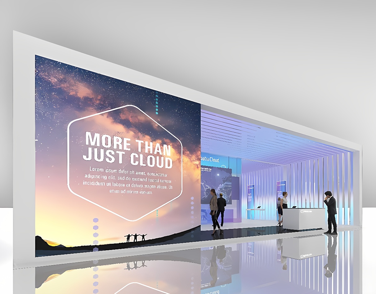 这是一张展览会的概念设计图，展示了一个现代化的展位，有大型广告牌和几位参展人员在交流。