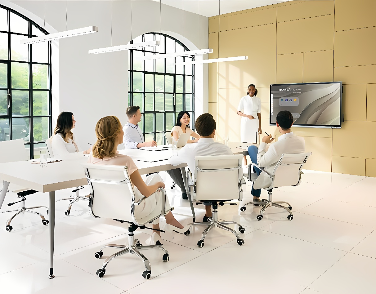 图片展示一位站立的人在现代办公室向坐在会议桌旁的多位听众展示或讲解内容，环境明亮，氛围正式。