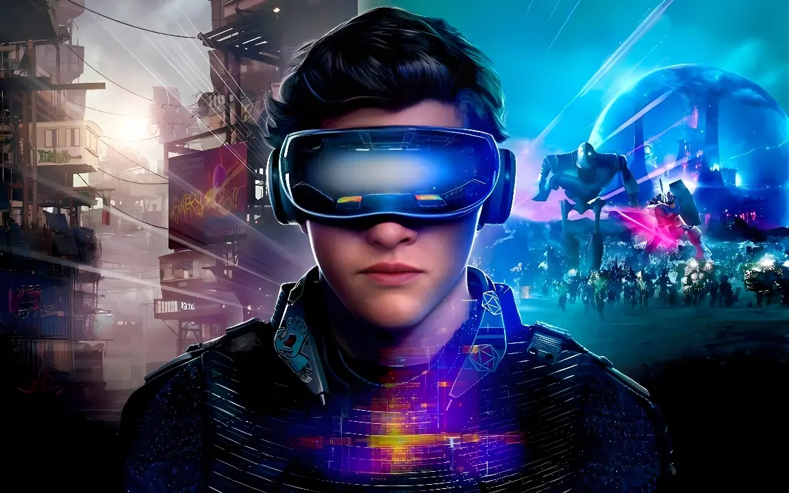 图片展示一位年轻人戴着虚拟现实眼镜，背景是充满未来科技感的城市和光影效果，彰显科幻氛围。