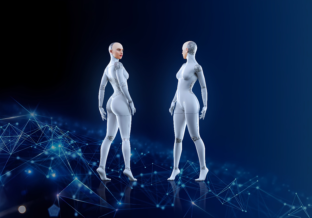 图片展示了两个白色机器人模型，站在蓝色背景上，伴有数字化网络图案，看起来像是高科技环境中的人工智能代表。