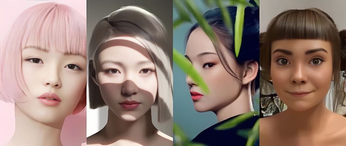 图片展示了四位不同造型的女性，她们有着不同的发型和妆容，从左至右表情各异，风格从柔美到活泼多变。