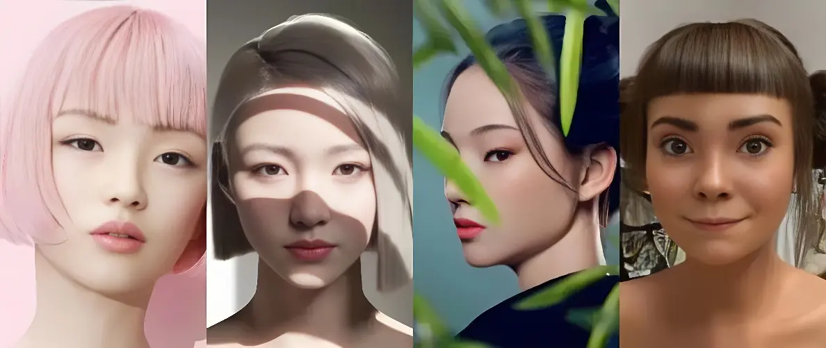四位女性，不同发型和妆容，展示多样风格。第一位粉色短发，第二位戴头带，第三位自然环境中，第四位有刘海。