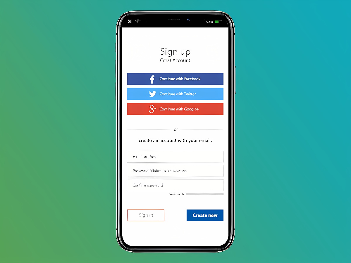 手机屏幕显示注册页面，有Facebook、Twitter和Google的登录选项，以及邮箱、密码输入框和“创建新账户”按钮。