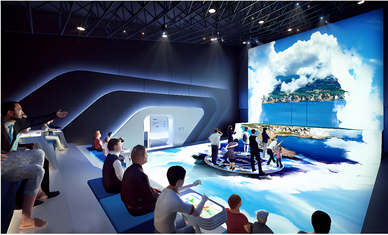 这是一张现代虚拟现实体验馆的图片，人们正坐着通过高科技设备体验虚构场景，感受沉浸式互动。