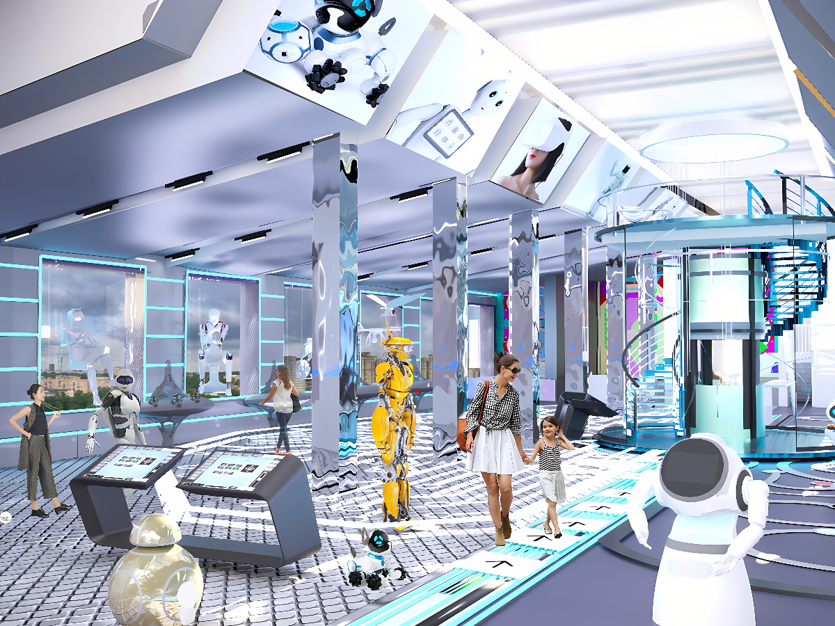 这是一幅展示未来科技商店的图像，内有多个机器人和购物的人们，环境现代化，充满高科技感。