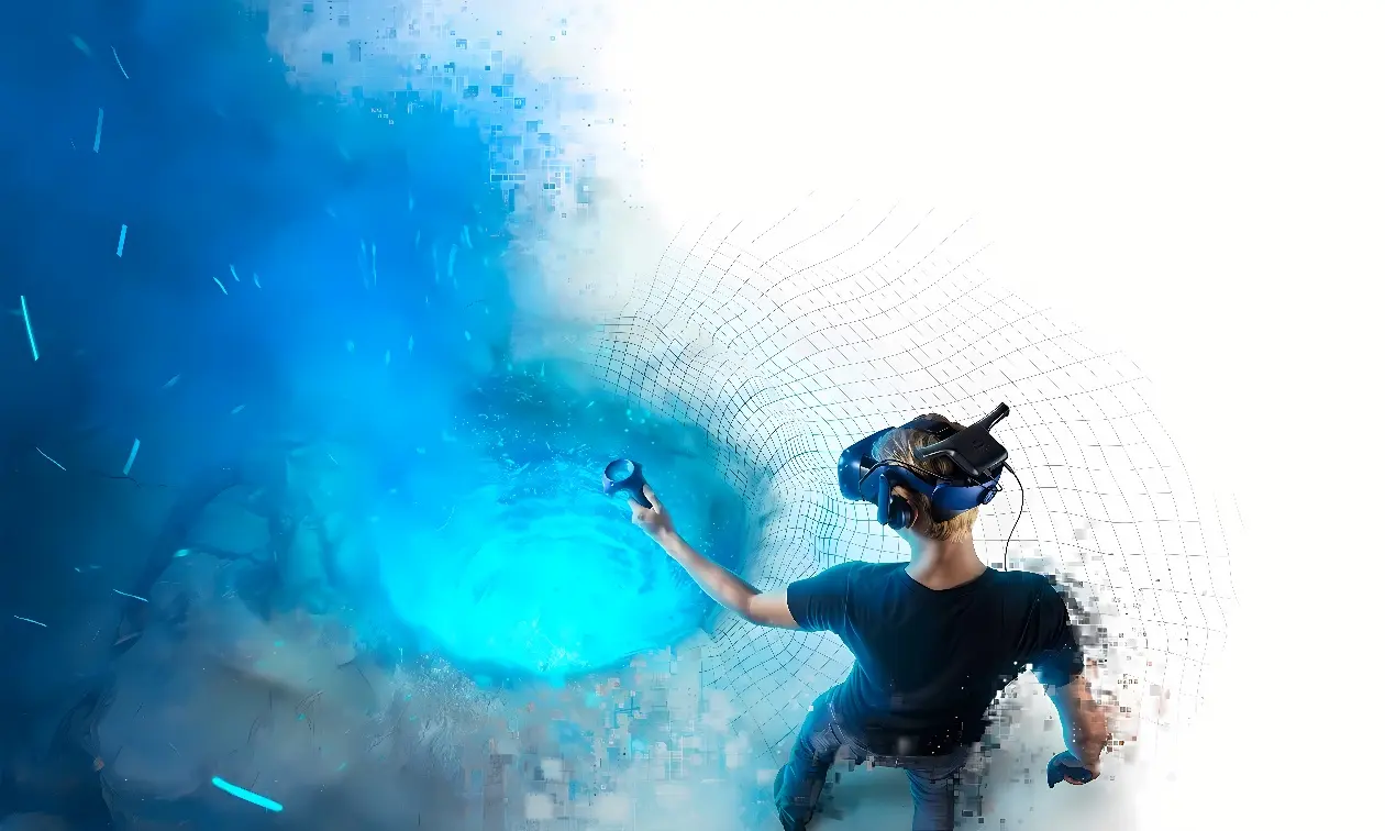 图片展示一位佩戴虚拟现实头盔的人，正伸手触摸由像素化效果形成的虚拟世界，充满科技感。