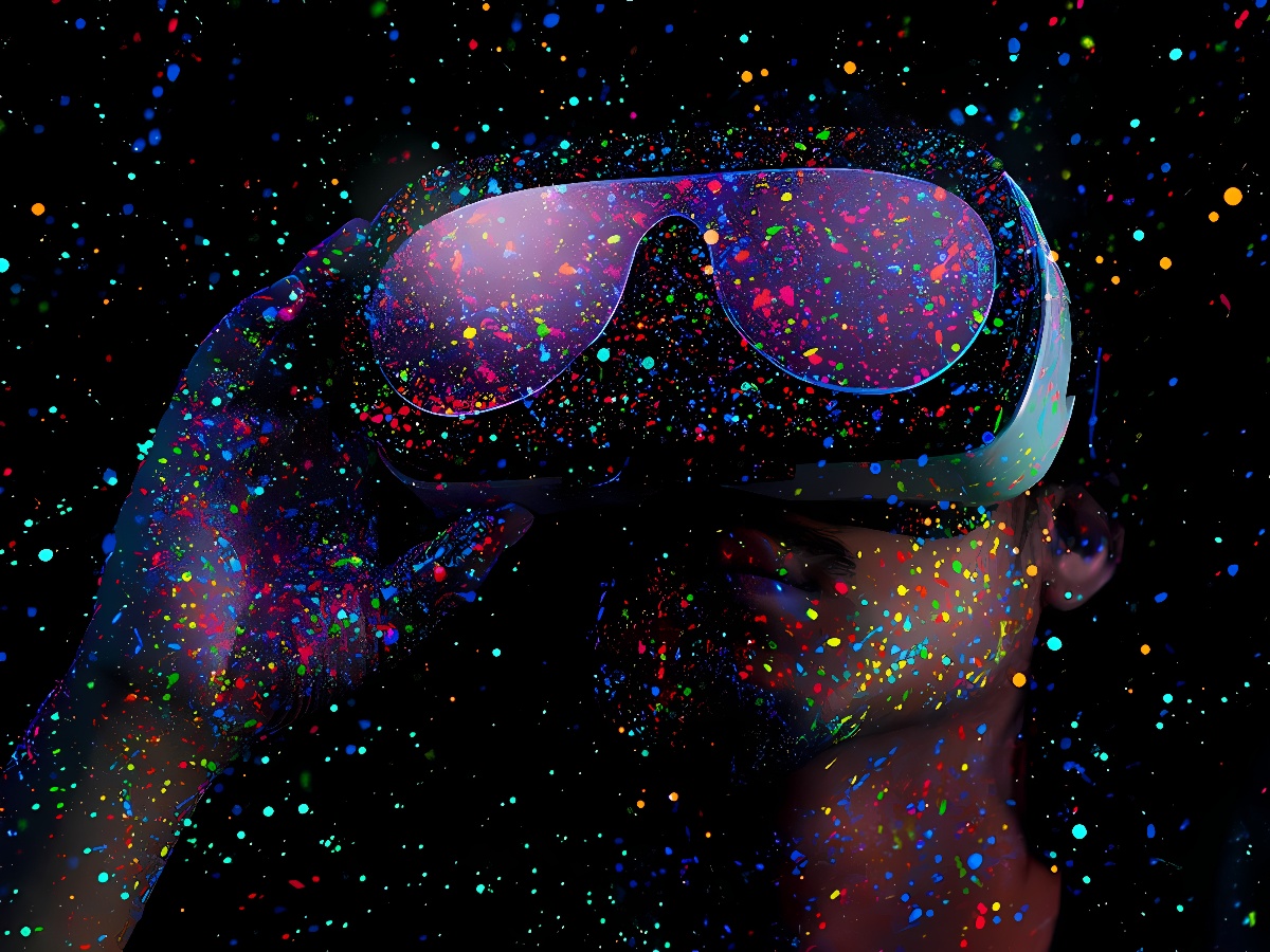 图片展示一位男士戴着虚拟现实头盔，头盔和背景充满了五彩斑斓的星点，呈现出科技感和未来感。